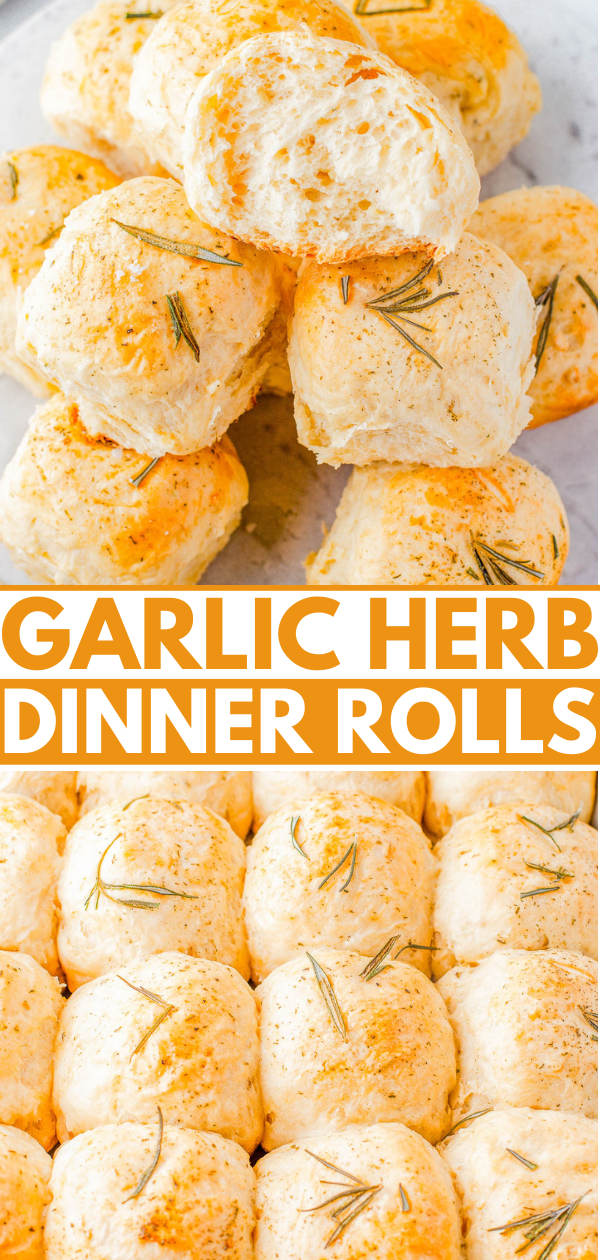 An arrangement of garlic herb dinner rolls; the top section shows a close-up of the rolls stacked, while the bottom section displays a full tray of evenly baked rolls, sprinkled with herbs.