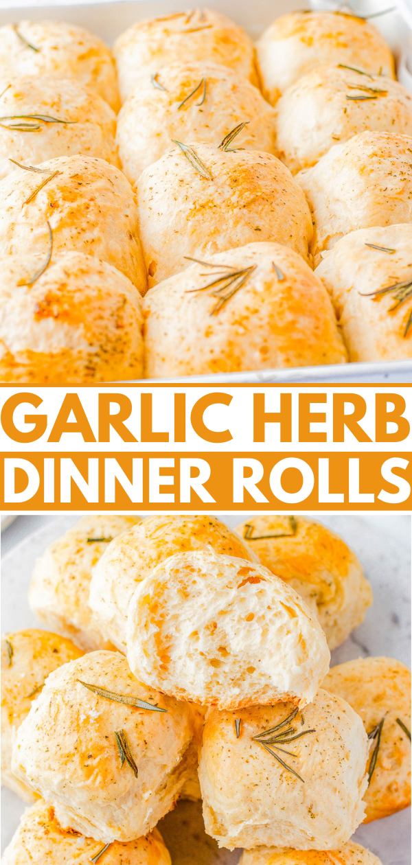 A tray of freshly baked garlic herb dinner rolls, golden brown and sprinkled with rosemary.