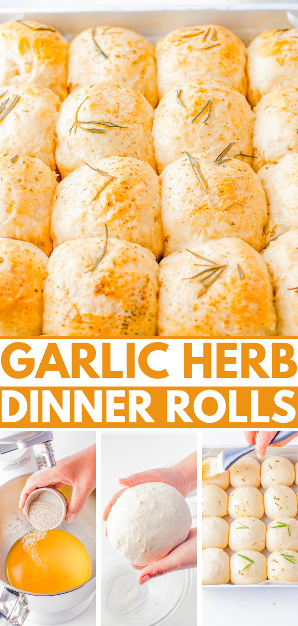 A tray of garlic herb dinner rolls. Below, images detail steps: adding ingredients to a mixer, holding a ball of dough, placing rolls in a baking dish, and brushing rolls with butter.