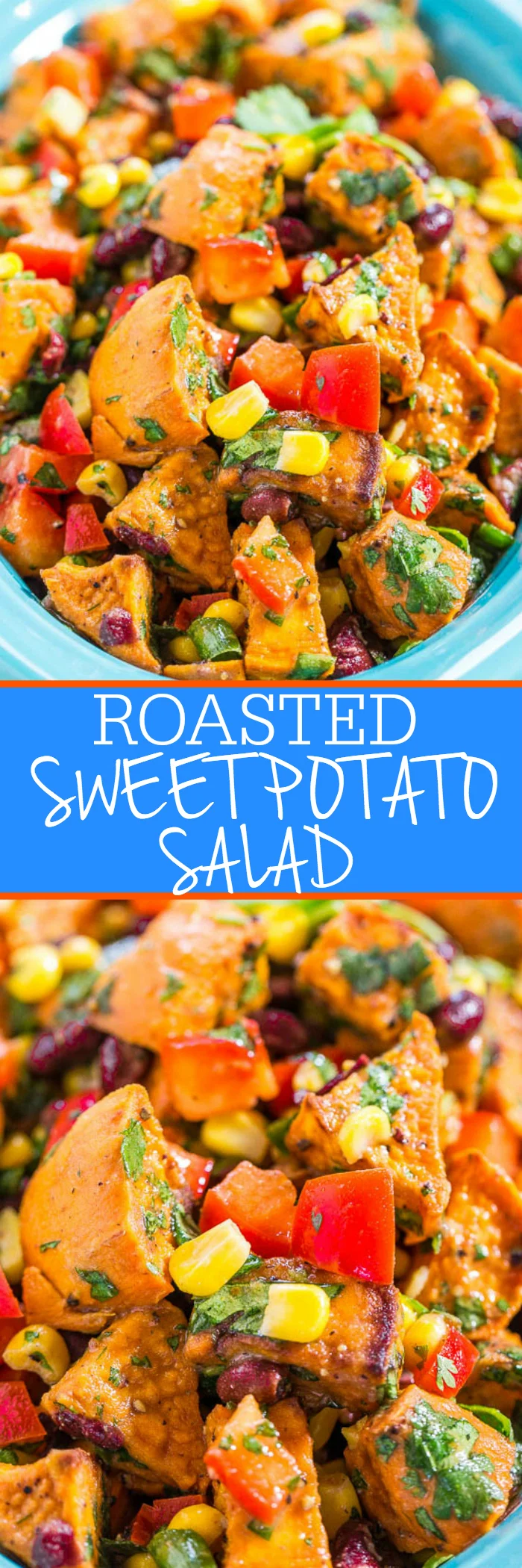 Roasted sweet potato salad with corn, beans, tomatoes, and greens in a blue dish.