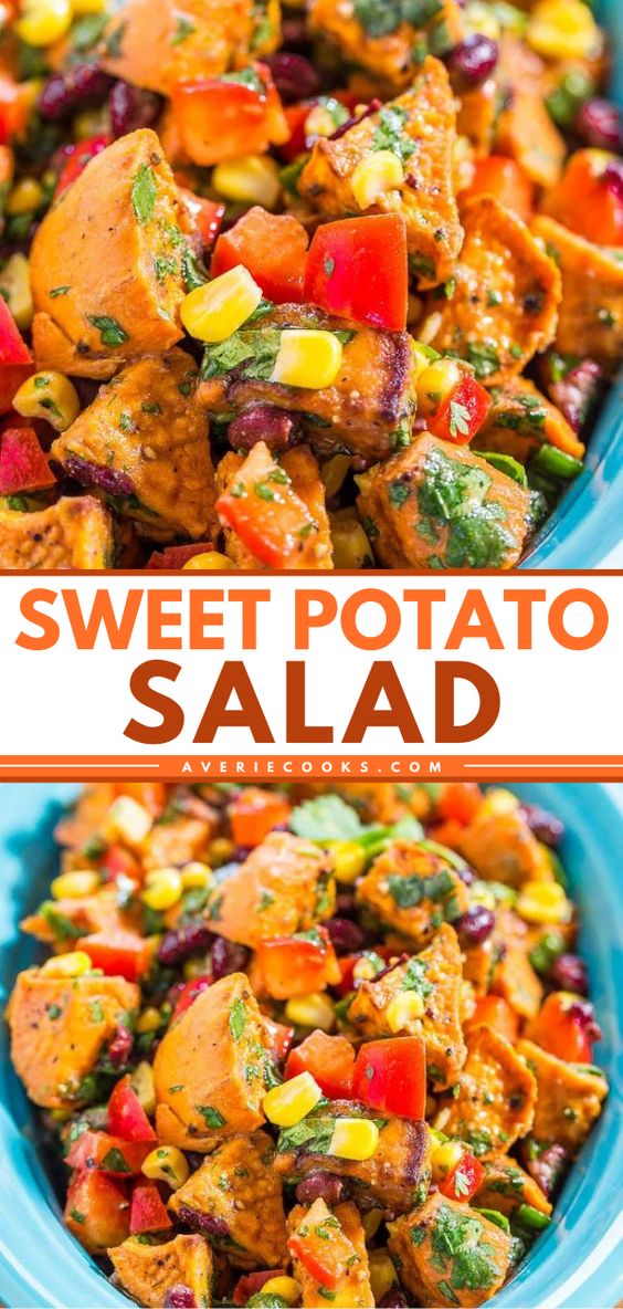 Colorful sweet potato salad with corn, peppers, and greens in a blue bowl. Text reads: "Sweet Potato Salad.