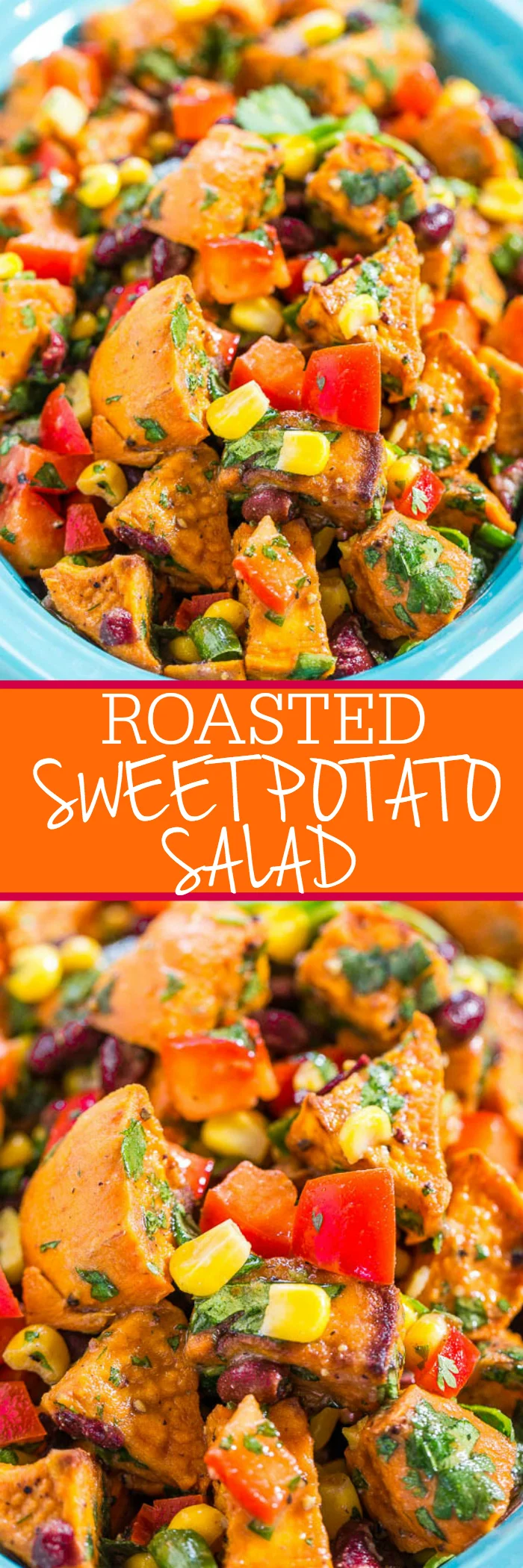 A colorful roasted sweet potato salad with corn, black beans, red bell peppers, and herbs displayed in a blue dish.