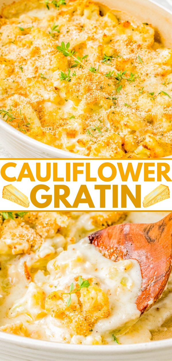 Baked cauliflower gratin topped with crispy breadcrumbs and fresh herbs, served in a white baking dish. A wooden spoon scoops a portion. Text overlay reads "Cauliflower Gratin.