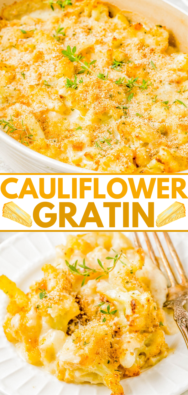 Baked cauliflower gratin topped with golden breadcrumbs and fresh herbs, served on a white plate with a fork.