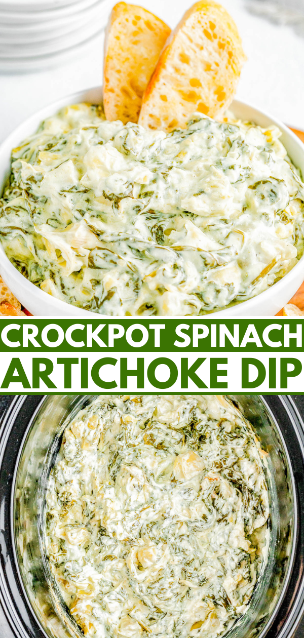 Crockpot Spinach Artichoke Dip — 🧀🎉🌿 Creamy, cheesy, and best of all SO EASY! Add the spinach, artichokes, mozzarella, and Parmesan to your slow cooker and let it do all the work! All you have to do is stir, serve, and watch everyone devour the dip! It's better than any restaurant version and perfect for game days, holiday entertaining, Christmas and New Year's parties, Super Bowl, or anytime you need the BEST spinach and artichoke dip!