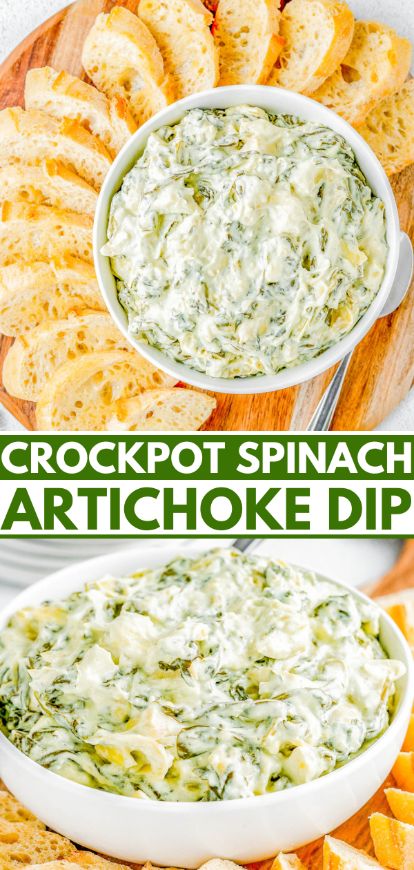 Crockpot Spinach Artichoke Dip — 🧀🎉🌿 Creamy, cheesy, and best of all SO EASY! Add the spinach, artichokes, mozzarella, and Parmesan to your slow cooker and let it do all the work! All you have to do is stir, serve, and watch everyone devour the dip! It's better than any restaurant version and perfect for game days, holiday entertaining, Christmas and New Year's parties, Super Bowl, or anytime you need the BEST spinach and artichoke dip!