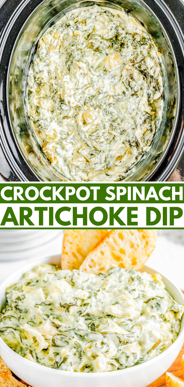 Crockpot Spinach Artichoke Dip — 🧀🎉🌿 Creamy, cheesy, and best of all SO EASY! Add the spinach, artichokes, mozzarella, and Parmesan to your slow cooker and let it do all the work! All you have to do is stir, serve, and watch everyone devour the dip! It's better than any restaurant version and perfect for game days, holiday entertaining, Christmas and New Year's parties, Super Bowl, or anytime you need the BEST spinach and artichoke dip!