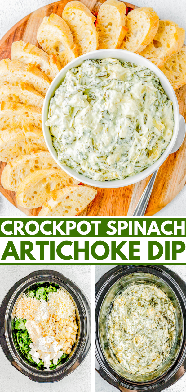 Crockpot Spinach Artichoke Dip — 🧀🎉🌿 Creamy, cheesy, and best of all SO EASY! Add the spinach, artichokes, mozzarella, and Parmesan to your slow cooker and let it do all the work! All you have to do is stir, serve, and watch everyone devour the dip! It's better than any restaurant version and perfect for game days, holiday entertaining, Christmas and New Year's parties, Super Bowl, or anytime you need the BEST spinach and artichoke dip!