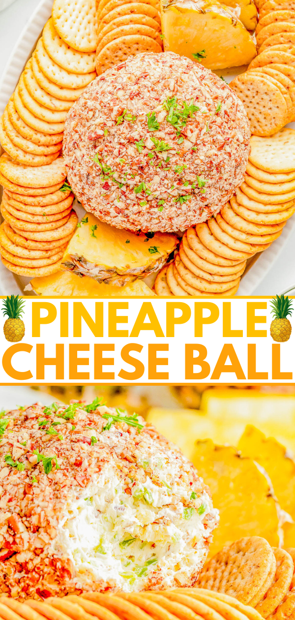 A pineapple cheese ball coated with nuts, surrounded by crackers, and garnished with parsley, displayed on a serving tray.