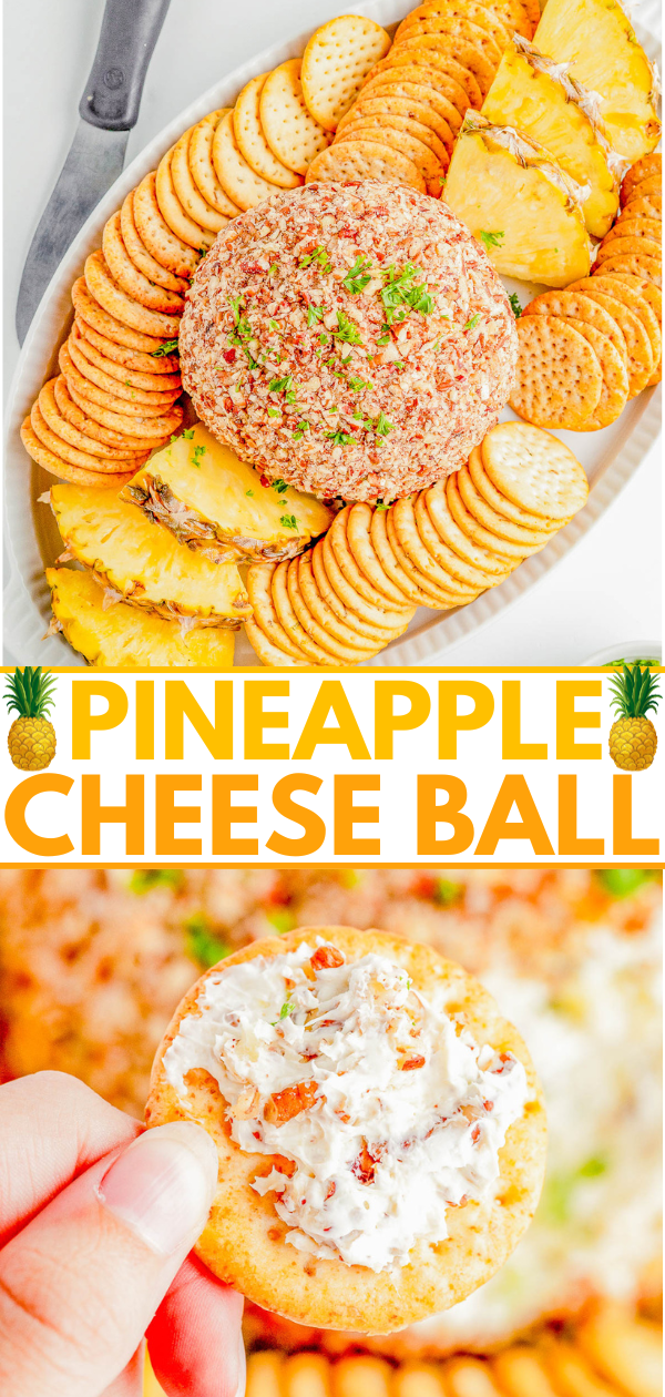 A cheese ball garnished with herbs is surrounded by crackers and pineapple slices on a platter. Below, a hand holds a cracker spread with the cheese ball mixture.