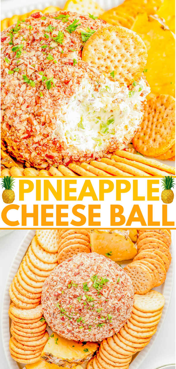 A pineapple cheese ball covered in nuts is served with crackers on a platter.