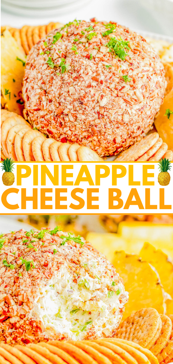 A pineapple cheese ball coated in chopped nuts, surrounded by crackers and pineapple slices on a white plate.