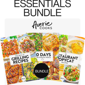 The image shows a collection of four recipe books titled "Grilling Recipes," "30 Days, 30 Minute Meals," "Restaurant Copycat Recipes," and "BUNDLE," branded as "Averie Cooks Essentials Bundle.