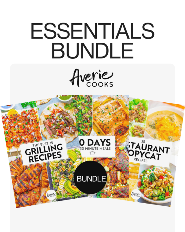 The image shows a collection of four recipe books titled "Grilling Recipes," "30 Days, 30 Minute Meals," "Restaurant Copycat Recipes," and "BUNDLE," branded as "Averie Cooks Essentials Bundle.