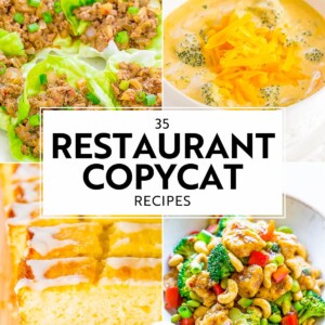 A collage image with dishes like lettuce wraps, soup, cornbread, and a stir-fry. Center text reads "35 Restaurant Copycat Recipes." Lower right corner text reads "Averie Cooks.