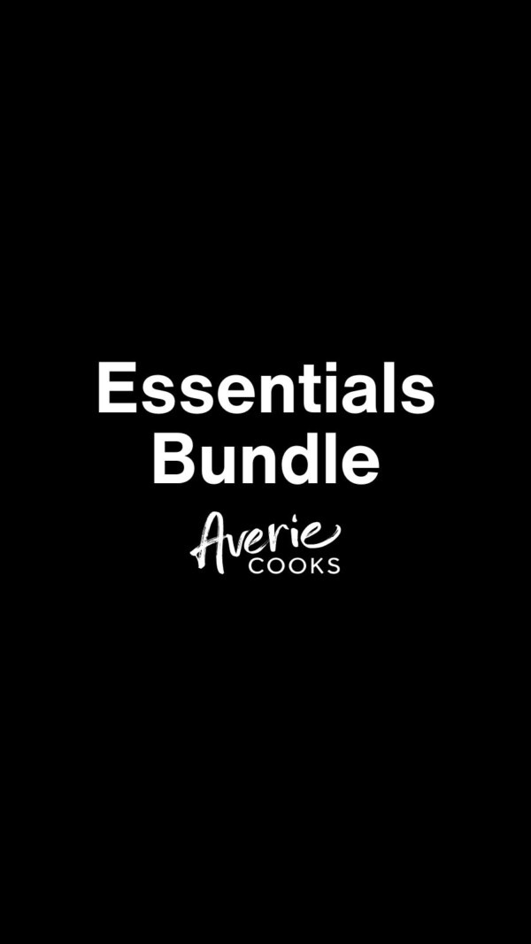 Black background with "Essentials Bundle" written in white text, and "Averie Cooks" in smaller white script below.