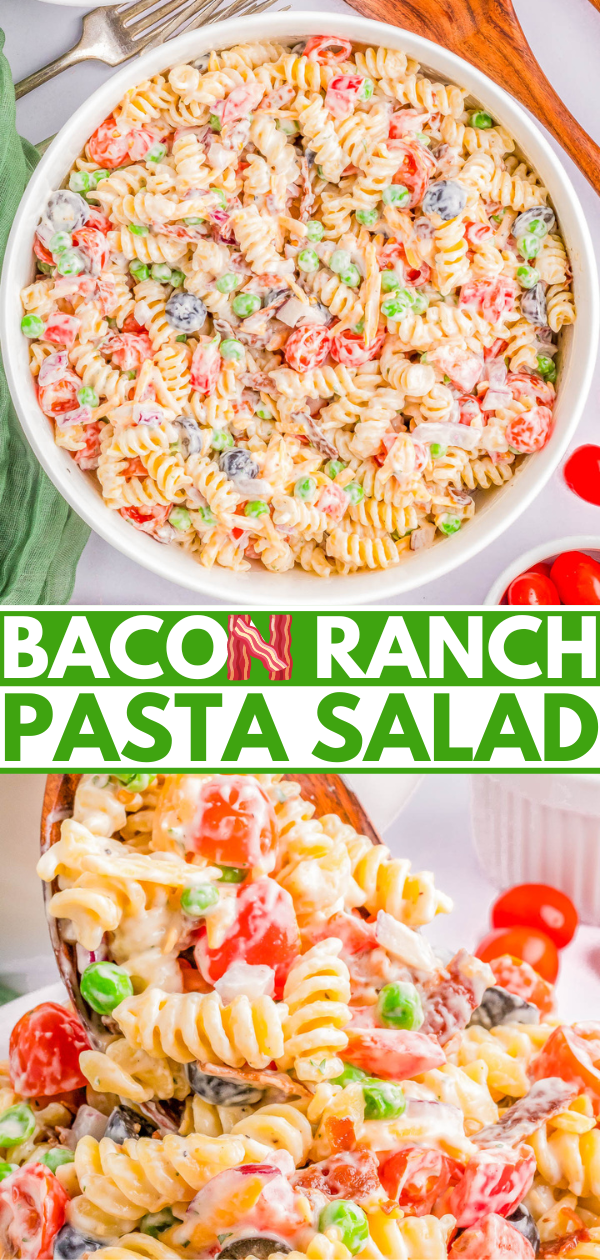 A bowl of bacon ranch pasta salad with rotini, bacon bits, peas, and cherry tomatoes in a creamy dressing. A wooden spoon is next to the bowl.