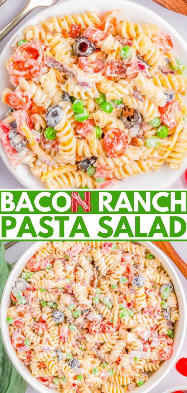 Two bowls of bacon ranch pasta salad filled with rotini, cherry tomatoes, black olives, peas, and creamy dressing, with 