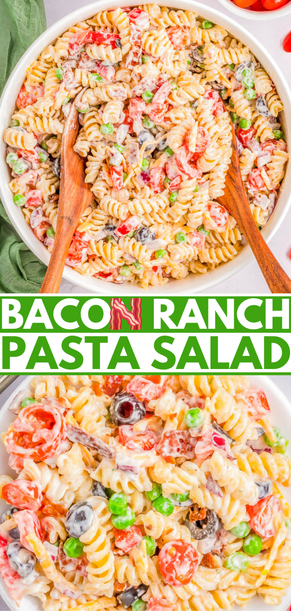 A bowl of bacon ranch pasta salad with rotini pasta, peas, cherry tomatoes, bacon pieces, and ranch dressing, served with wooden salad tongs.