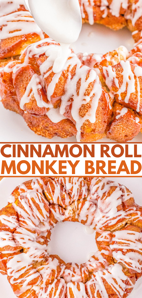 Cinnamon roll monkey bread with white icing being drizzled on top, displayed on a white surface.