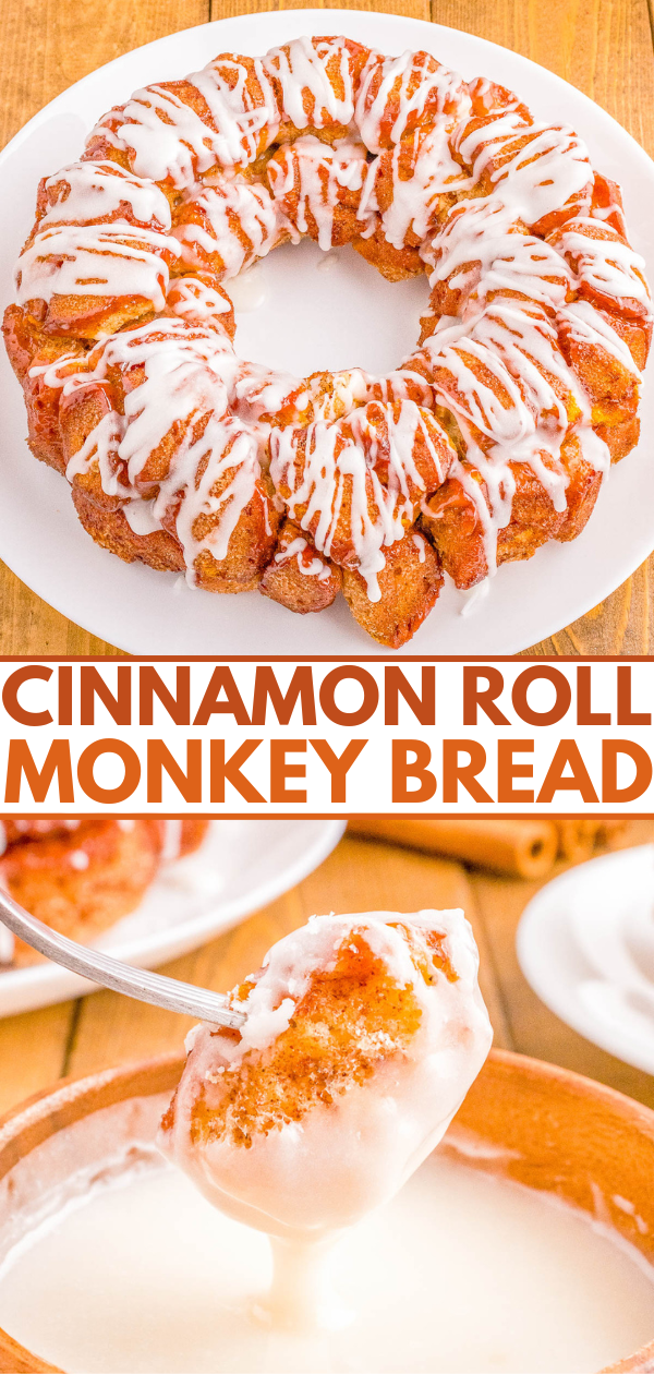 A cinnamon roll monkey bread topped with white icing on a wooden table, with text labels and a spoonful of icing in the foreground.