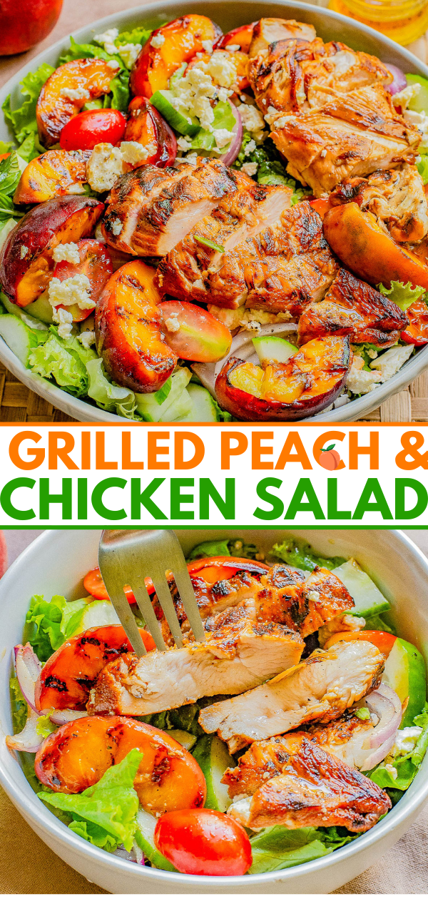 Two bowls filled with grilled peach and chicken salad. The dishes feature grilled chicken, sliced grilled peaches, greens, red onions, and crumbled cheese. Bold text reads "Grilled Peach & Chicken Salad.