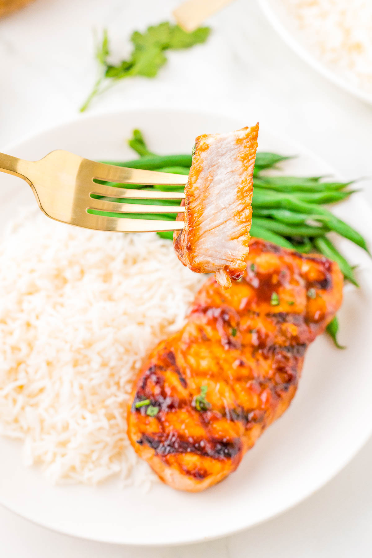 A fork holding a piece of grilled pork, with a plate of white rice, grilled salmon fillets, and green beans in the background.