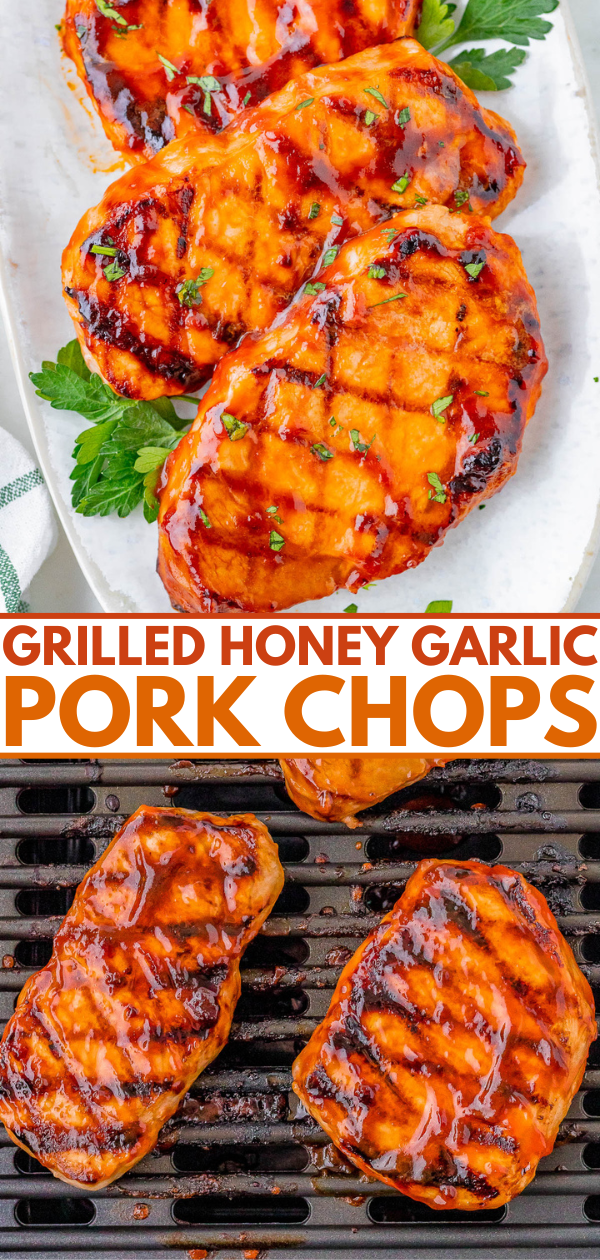 Two images of grilled honey garlic pork chops. The top image shows three pork chops garnished with herbs on a white plate. The bottom image shows two pork chops cooking on a grill.