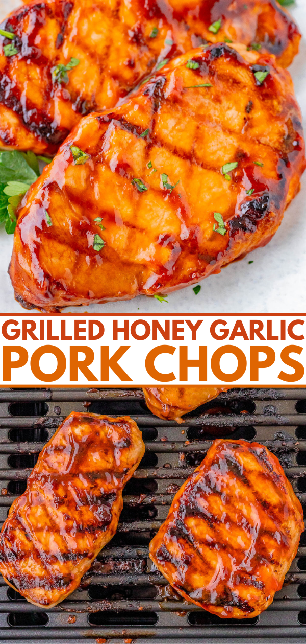 Two grilled honey garlic pork chops on a plate, garnished with parsley, are shown above an image of pork chops being grilled on a barbecue. Text reads 