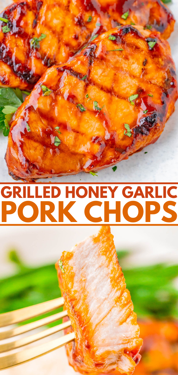 Grilled honey garlic pork chops garnished with chopped parsley, shown whole and in a fork-close view with a bite missing.