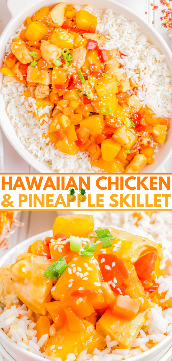 A dish of Hawaiian chicken and pineapple skillet served over rice, topped with sesame seeds and green onions.