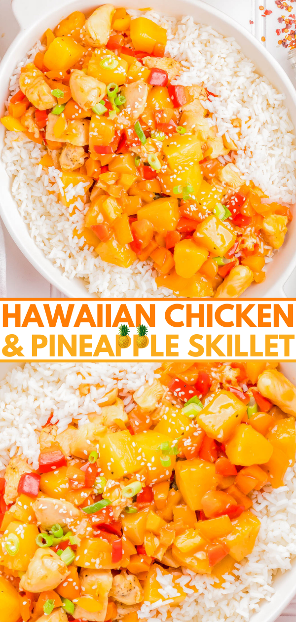 A white dish filled with Hawaiian chicken and pineapple skillet served over white rice, garnished with green onions and sesame seeds. The dish has colorful ingredients, including bell peppers and chicken pieces.