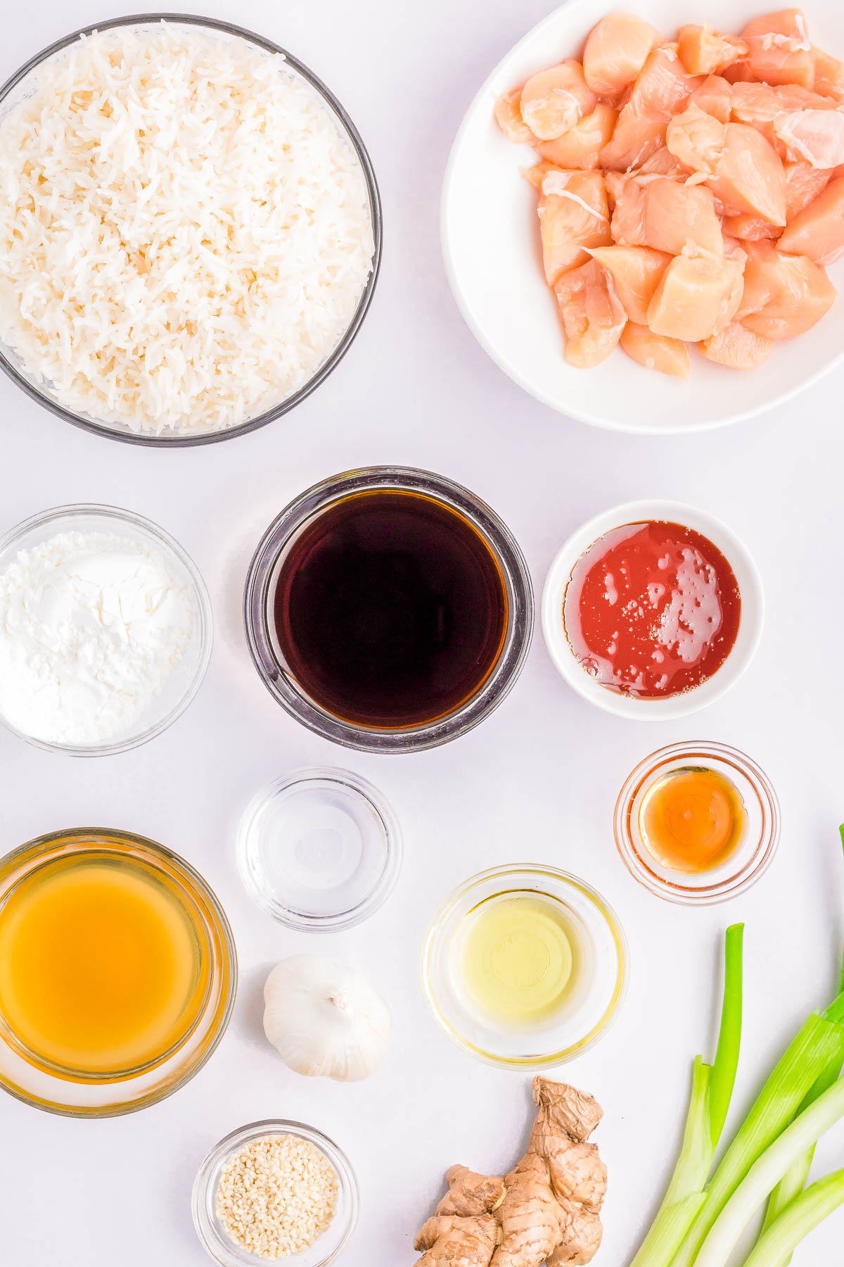 Various cooking ingredients are arranged on a white surface, including rice, raw chicken, soy sauce, tomato paste, egg yolk, oil, broth, ginger, garlic, green onions, water, and sesame seeds.