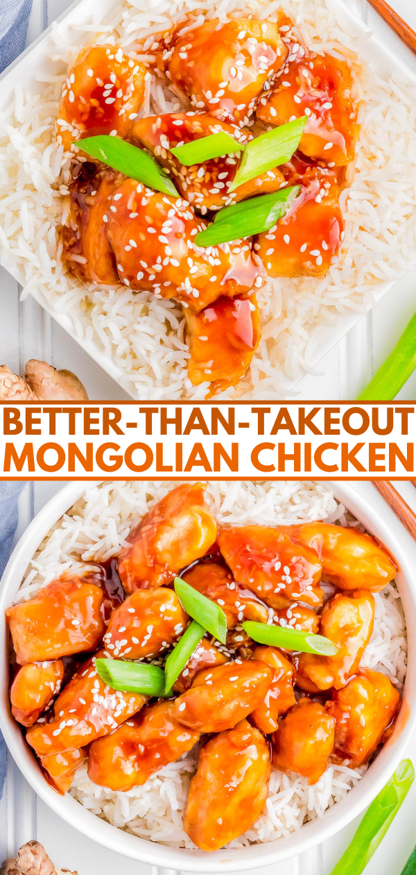 Two plates of Mongolian chicken served over white rice, garnished with sesame seeds and green onion. Text overlay reads, "Better-Than-Takeout Mongolian Chicken.