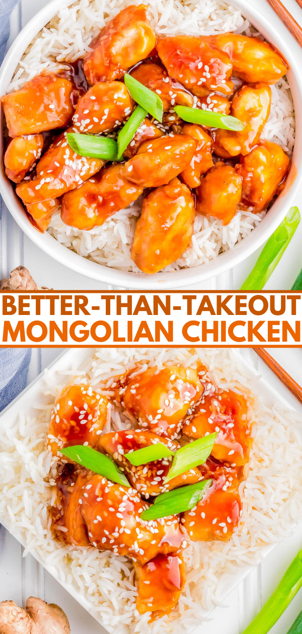 Two plates of Mongolian chicken served over white rice, garnished with green onions and sesame seeds, with chopsticks and fresh ginger on the side. The text reads "BETTER-THAN-TAKEOUT MONGOLIAN CHICKEN.