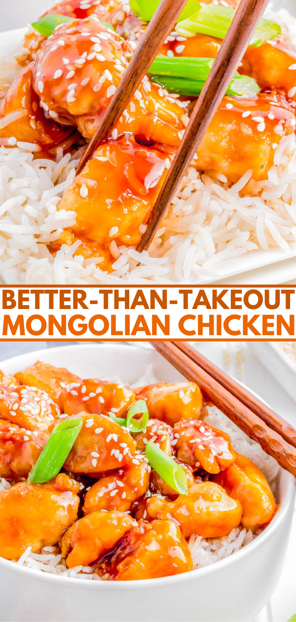 A bowl of Mongolian chicken with sauce, green onions, and sesame seeds on top of white rice. Chopsticks are placed in the bowl. Text on the image reads "Better-Than-Takeout Mongolian Chicken.