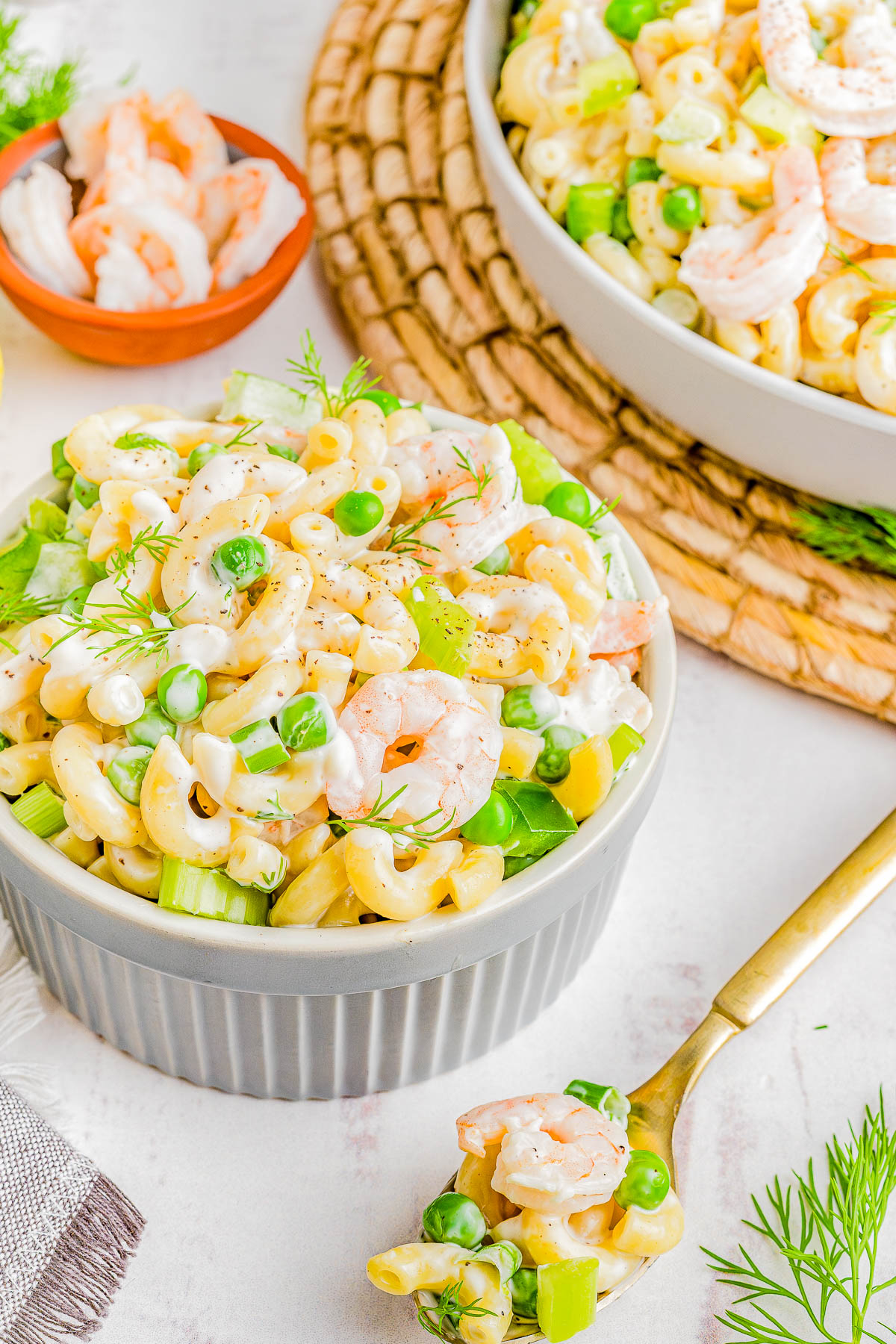 Shrimp Pasta Salad - 🍤🫛🌿 Tender pasta, juicy shrimp, crunchy celery, bell peppers, and peas are tossed in a creamy and tangy homemade dressing for zesty perfection! Great for summer gatherings to serve as a side salad or make it for a lighter yet satisfying stand alone meal for lunch or dinner! Very EASY and always a crowd FAVORITE!