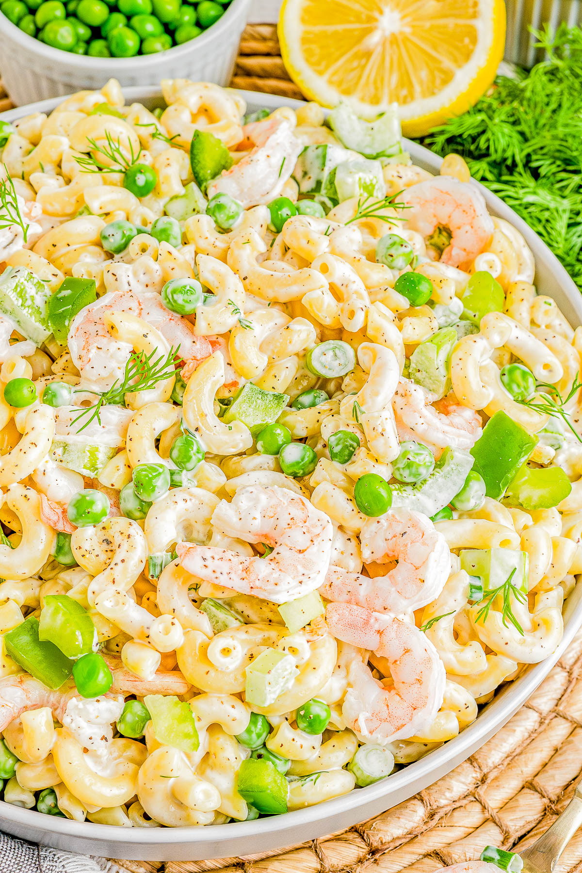 Shrimp Pasta Salad - 🍤🫛🌿 Tender pasta, juicy shrimp, crunchy celery, bell peppers, and peas are tossed in a creamy and tangy homemade dressing for zesty perfection! Great for summer gatherings to serve as a side salad or make it for a lighter yet satisfying stand alone meal for lunch or dinner! Very EASY and always a crowd FAVORITE!