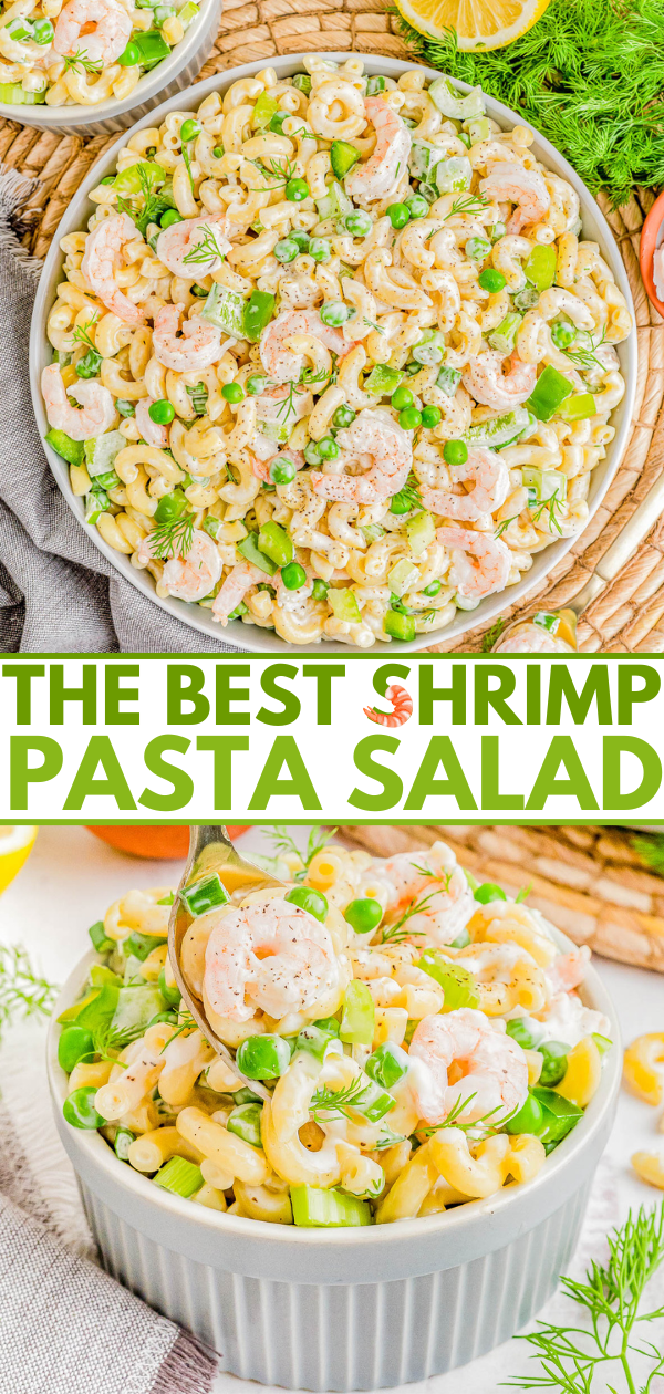 A vibrant shrimp pasta salad displayed in a white bowl, topped with fresh herbs, with a text overlay stating "the best shrimp pasta salad.