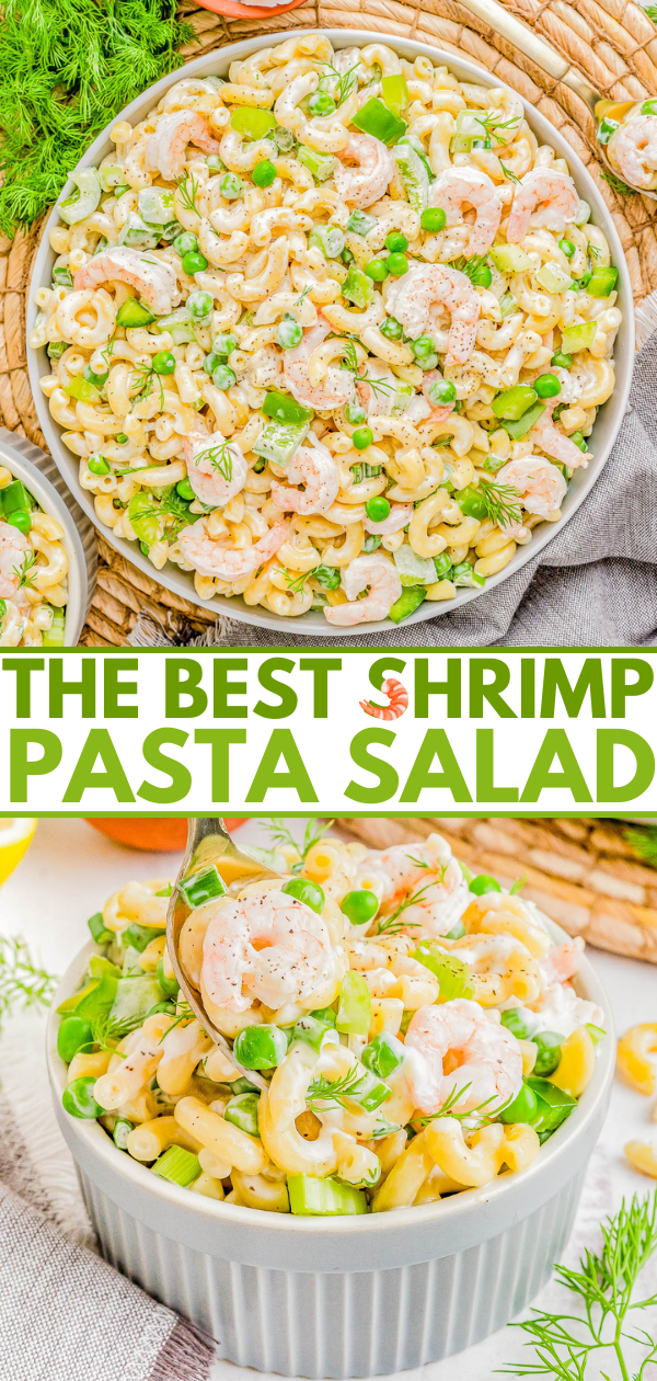 A colorful shrimp pasta salad with fresh greens and herbs in a white bowl, presented alongside ingredients and text overlay describing it as "the best shrimp pasta salad.