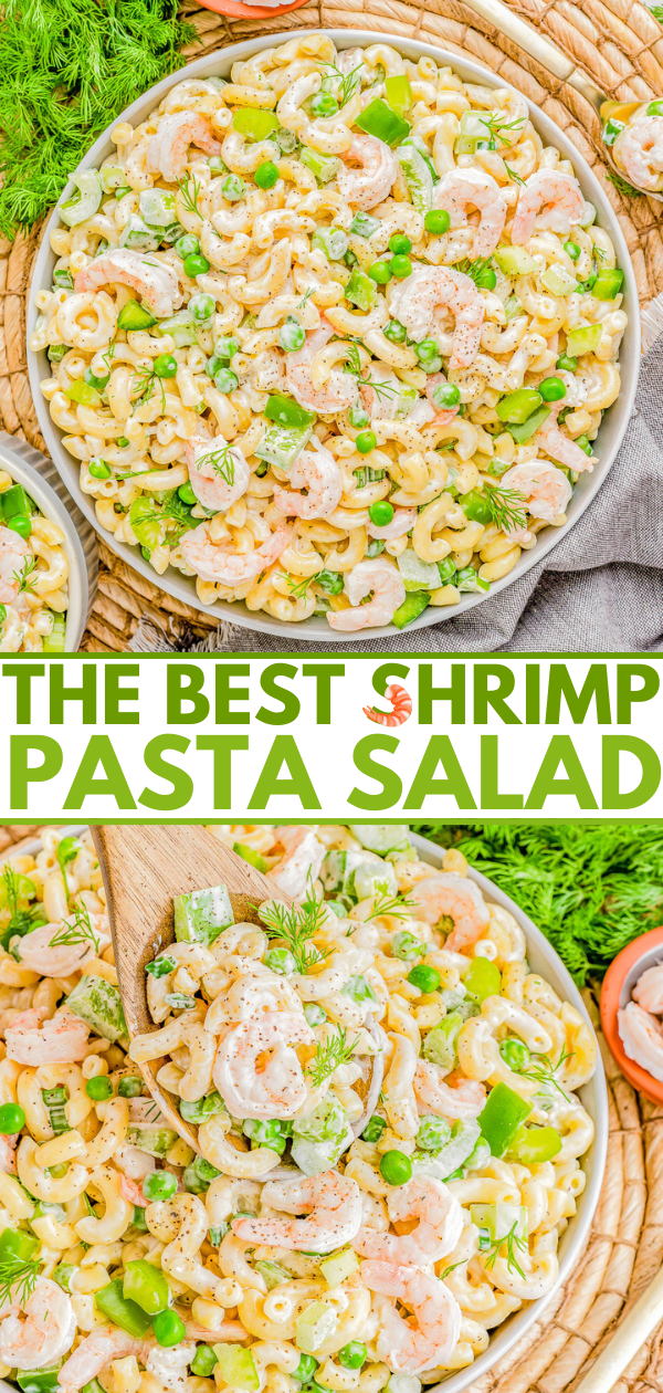 A vibrant shrimp pasta salad with peas and green peppers in a creamy dressing, served in a white bowl on a wicker tray, titled "the best shrimp pasta salad.