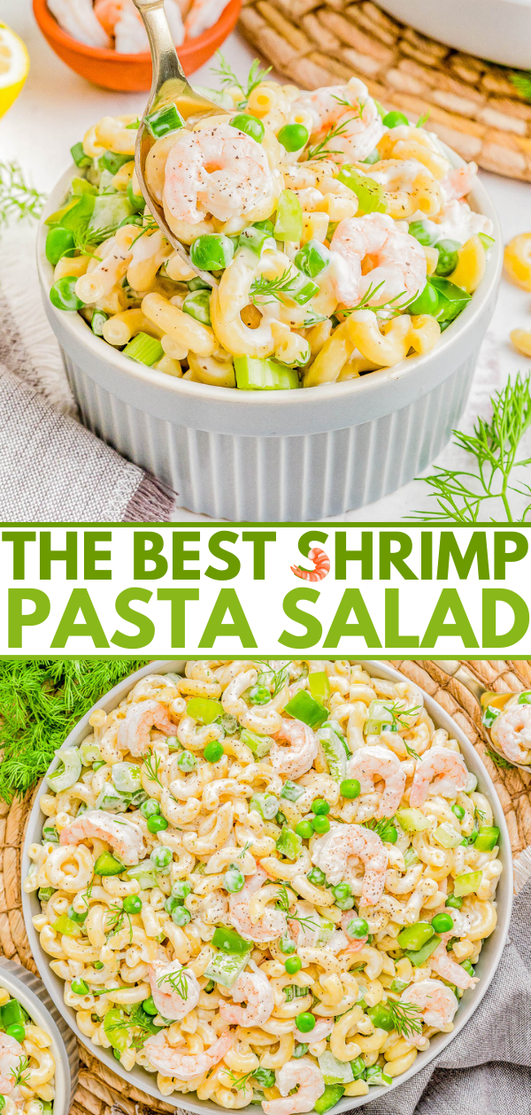 A bowl of shrimp pasta salad with celery, green onions, and dill, labeled as "the best shrimp pasta salad," served on a woven placemat.