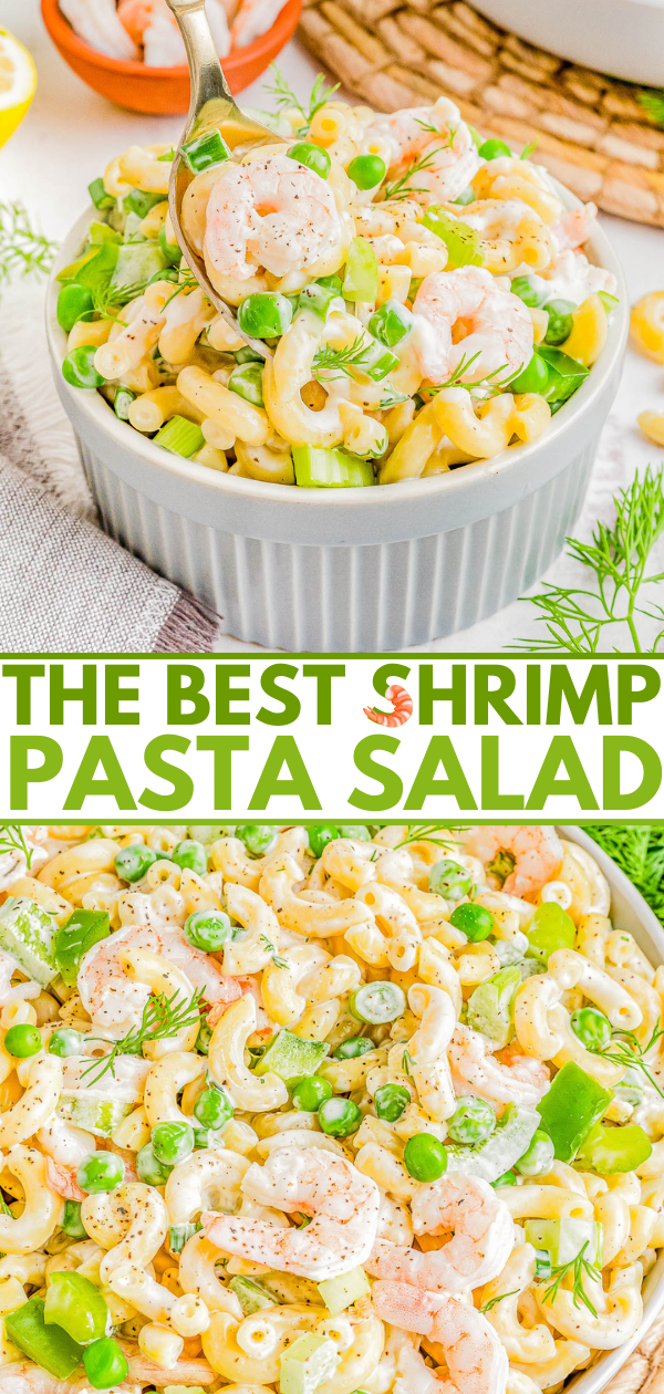 A vibrant shrimp pasta salad in a white bowl, featuring green peas, diced celery, and herbs, with a text overlay describing it as "the best shrimp pasta salad.