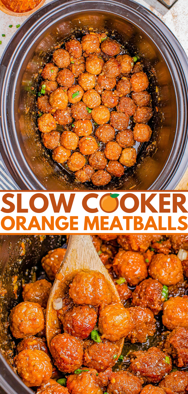 Slow Cooker Orange Meatballs - 🍊🎉🙌🏻 The EASIEST 5-ingredient recipe for savory, sweet, and saucy meatballs that are infused with the flavor of orange marmalade and soy sauce! Whether you need a no-fuss weeknight dinner idea that's as easy as 'set it and forget it' or a GREAT party appetizer recipe, everyone LOVES these juicy, flavorful meatballs!