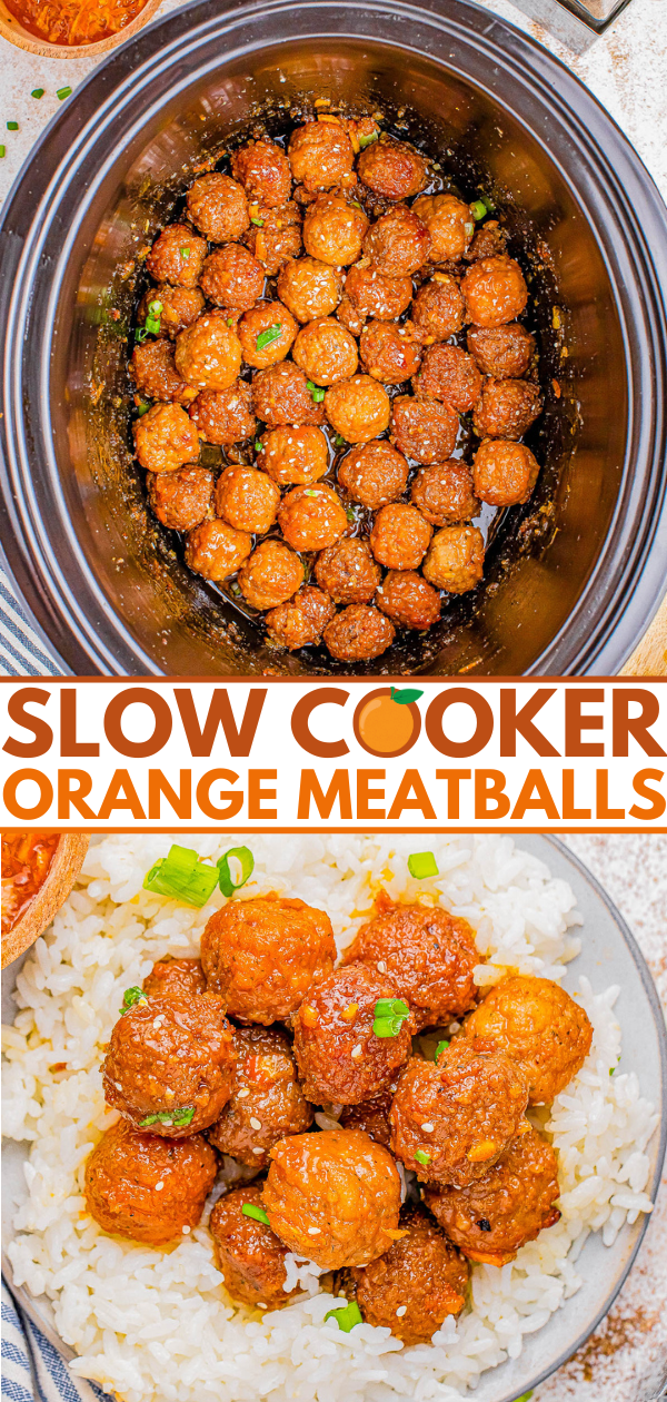 Orange glazed meatballs in slow cooker and served over rice, garnished with green onions. text reads "slow cooker orange meatballs.