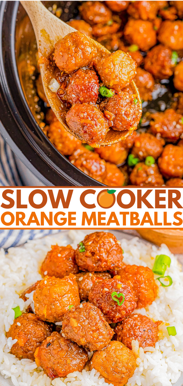 Orange-glazed meatballs in a slow cooker with a wooden spoon, and served over rice in a bowl, garnished with green onions. text overlay describes them as "slow cooker orange meatballs.