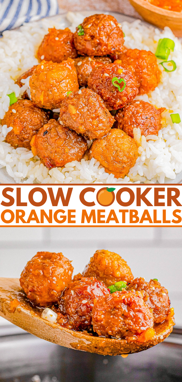 Orange-glazed meatballs served over rice with a wooden spoon, text overlay says "slow cooker orange meatballs".