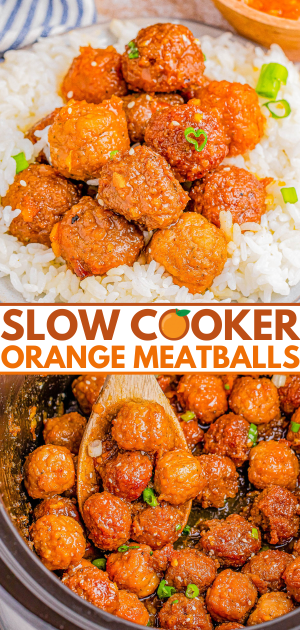 Orange glazed meatballs served over white rice in a bowl, with additional meatballs cooking in a slow cooker.