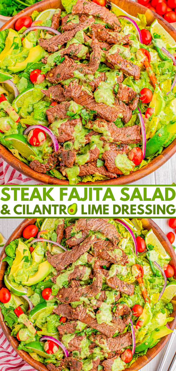 A bowl of steak fajita salad topped with avocado, cherry tomatoes, red onion, and a generous drizzle of cilantro lime dressing.