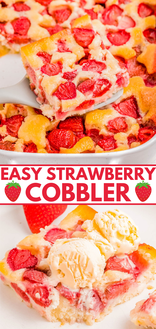 Slices of strawberry cobbler served with vanilla ice cream, highlighting the bright red strawberry pieces and golden crust.
